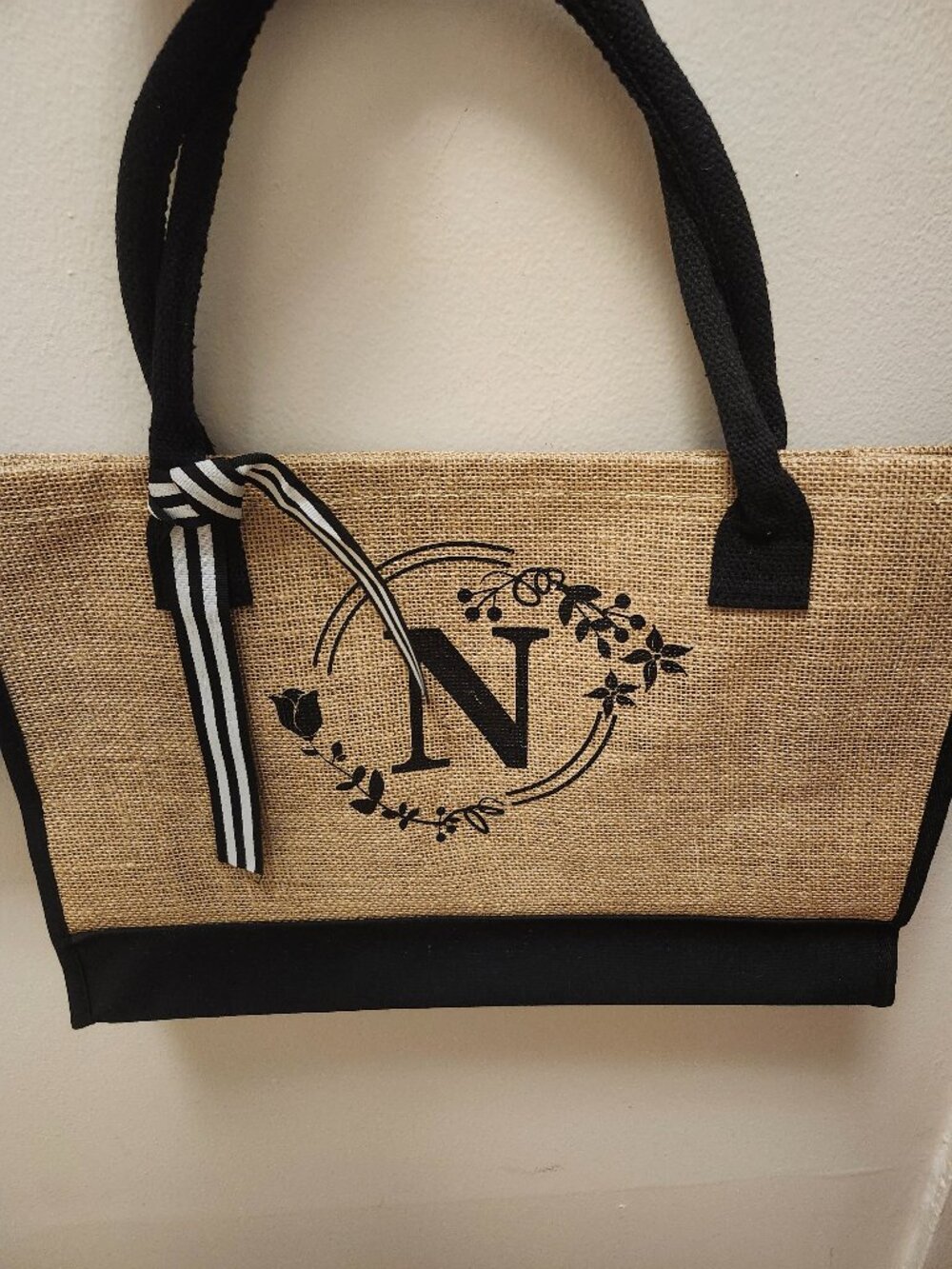 Monogrammed 'N' Jute Tote Bag in Natural and Black